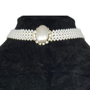 90s Style Pearl Choker Necklace White Beaded Crystal Rhinestone Statement Collar